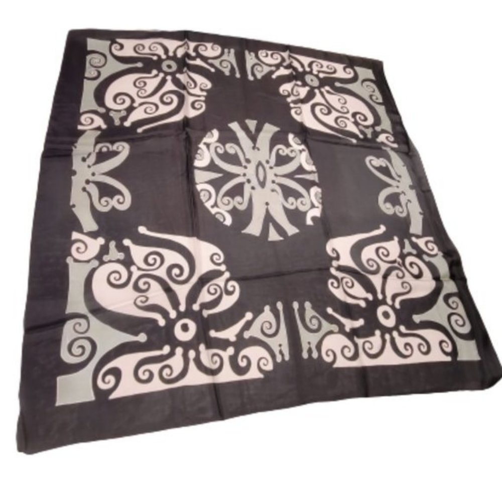 Handpainted Square Fuji Silk Scarf with black, white and sage green print - NEW
